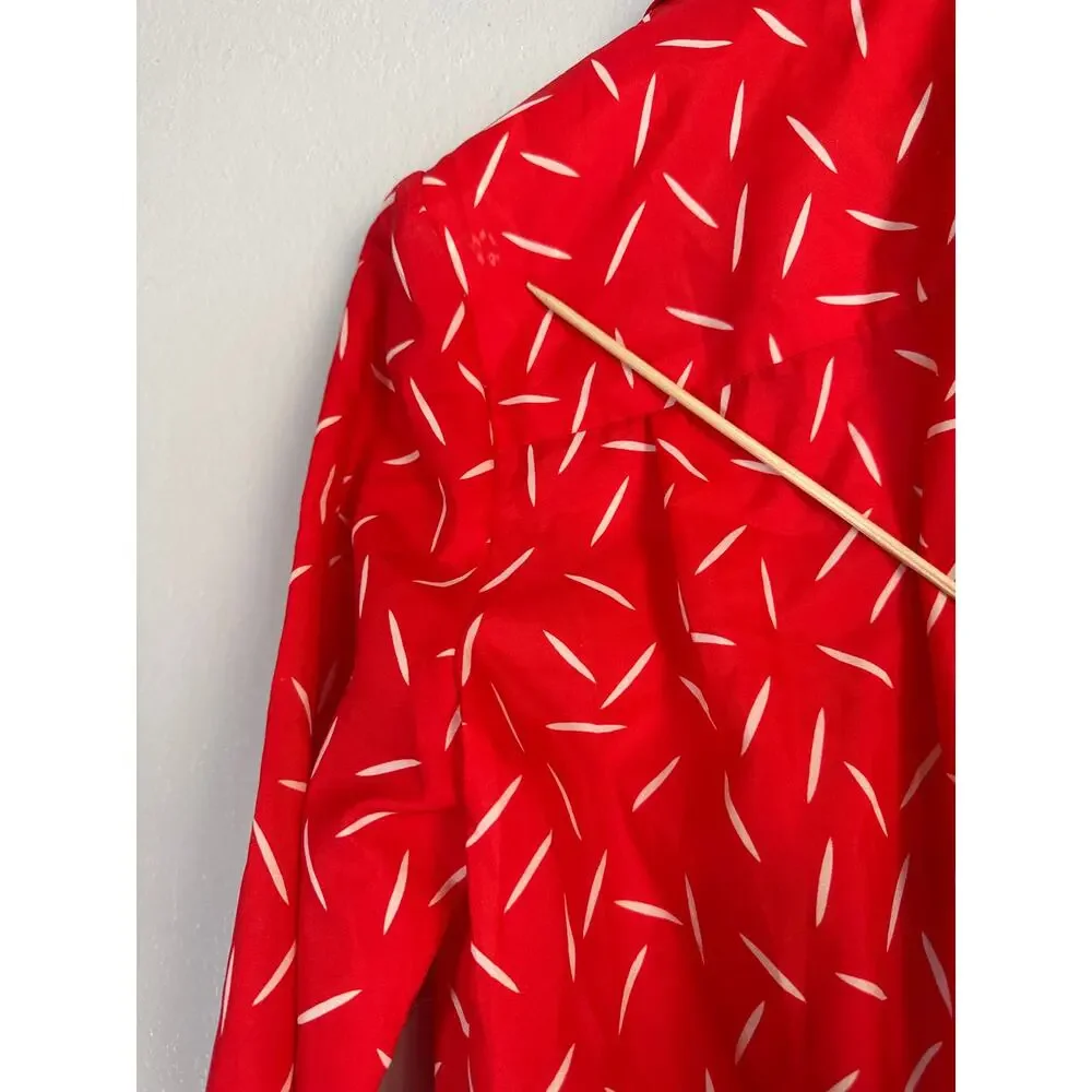 Vintage 80s Structured Red Midi Dress Size 10 Print Long Sleeve Retro Secretary - Picture 5 of 8
